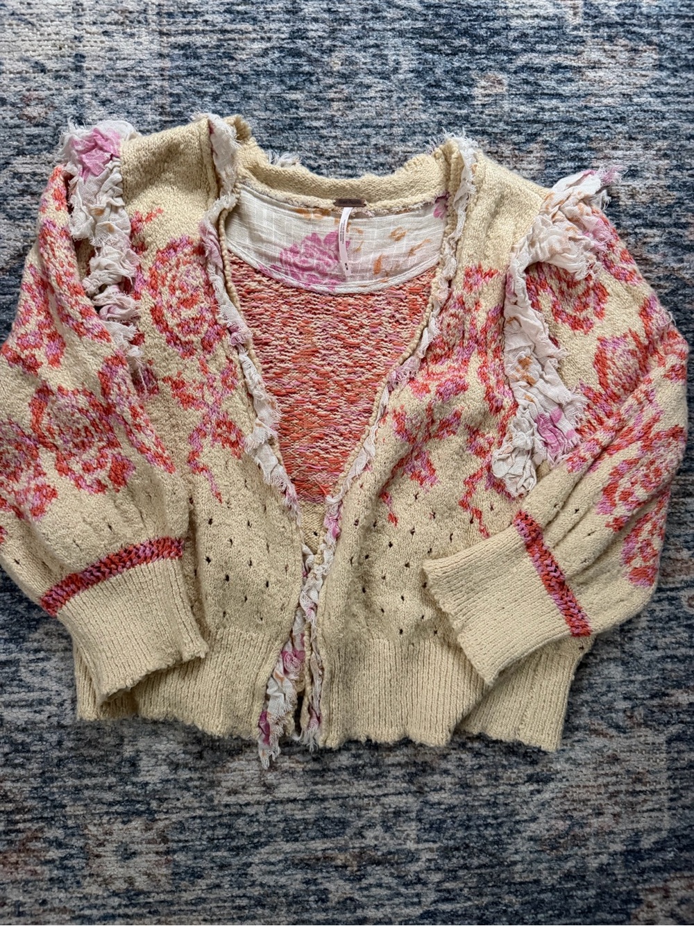 Free People Cream Cardigan with Pink Floral Pattern